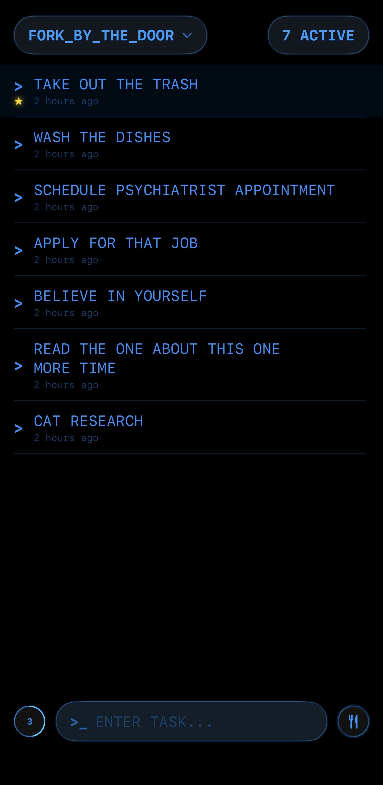 Fork by the Door task list showing active reminders with a starred priority task